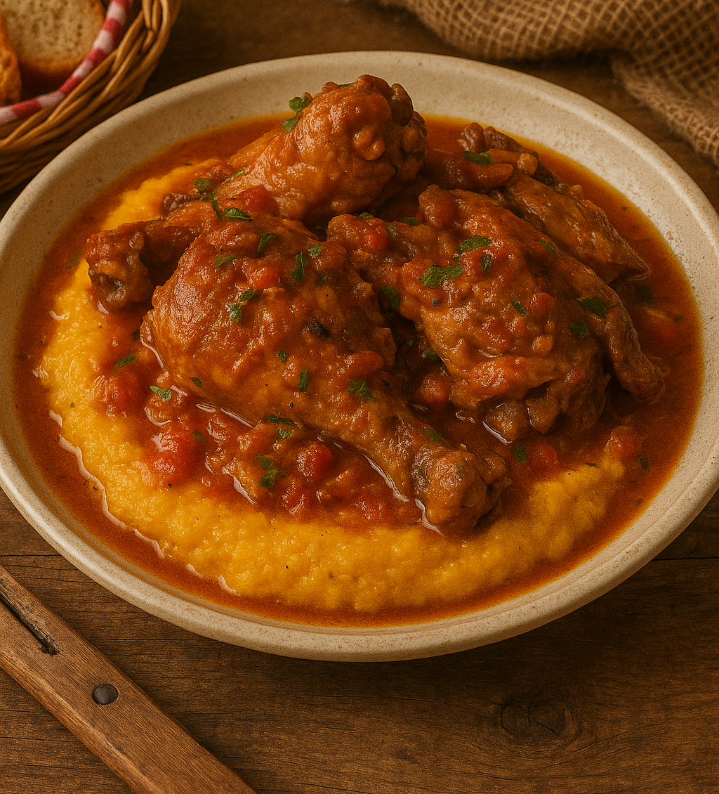 Um prato servido com frango caipira e polenta